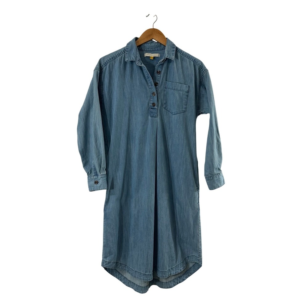 Downeast Womens S Light Wash Denim Cotton Shirt Dress Blue Long Sleeve Pocket